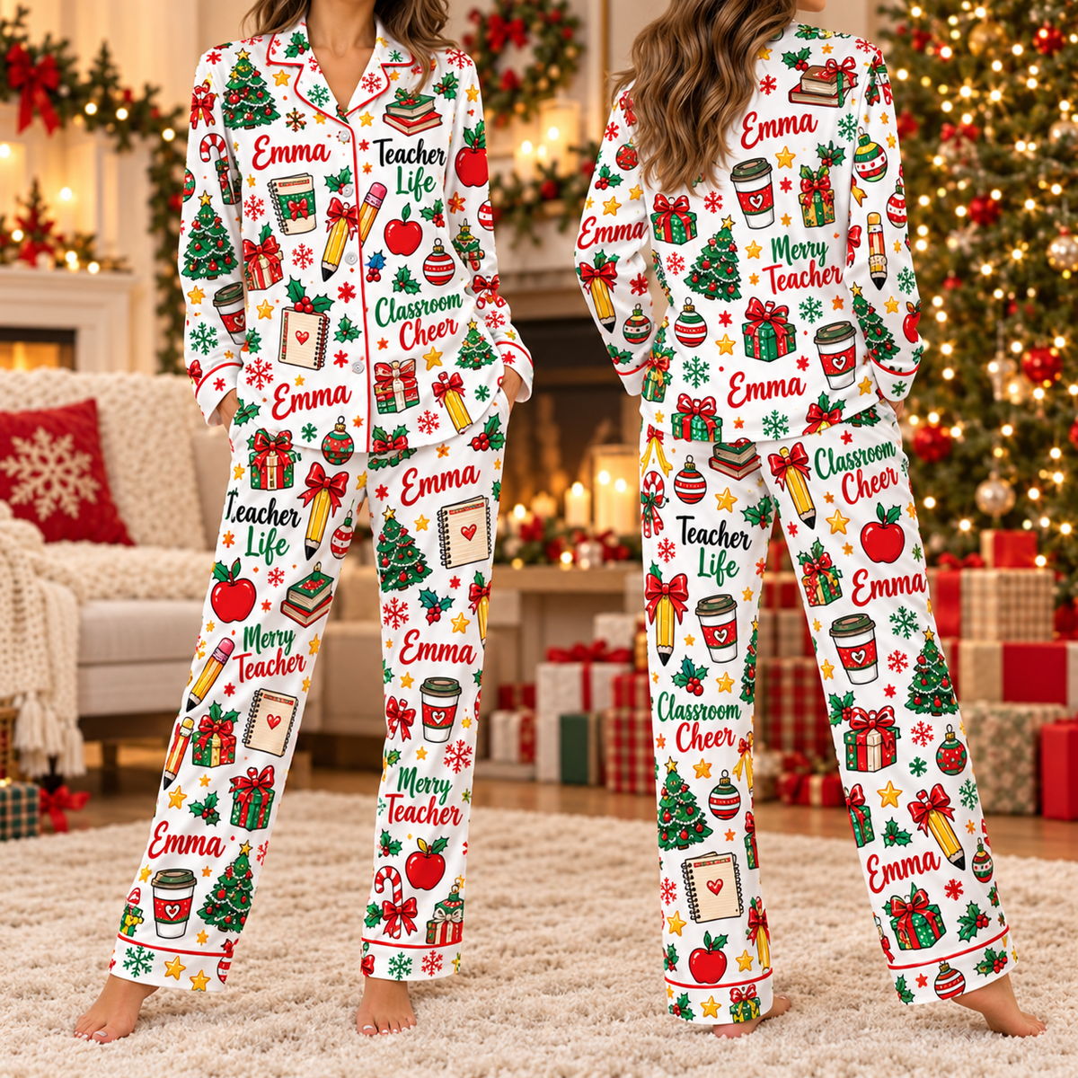 Personalized Teacher Christmas Pajamas, Classroom Cheer Satin Sleepwear