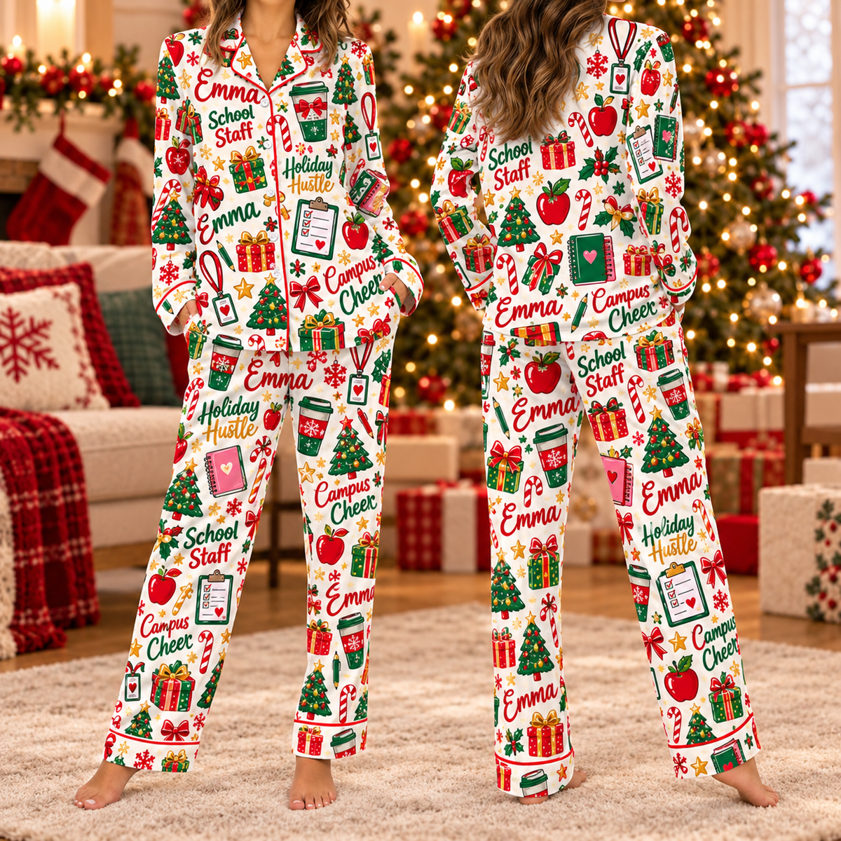Personalized School Staff Christmas Pajamas, Custom Holiday Satin Lounge Set