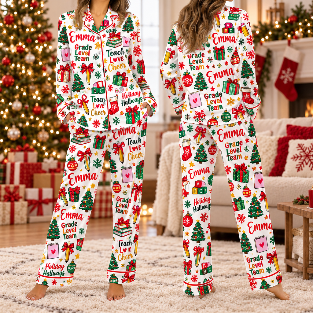 Personalized Teacher Holiday Satin Pajamas, Grade Level Team Christmas Pajamas
