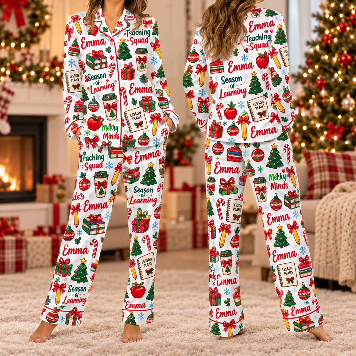 Teacher Christmas Pajama Set, Custom Name Teaching Squad Satin Loungewear