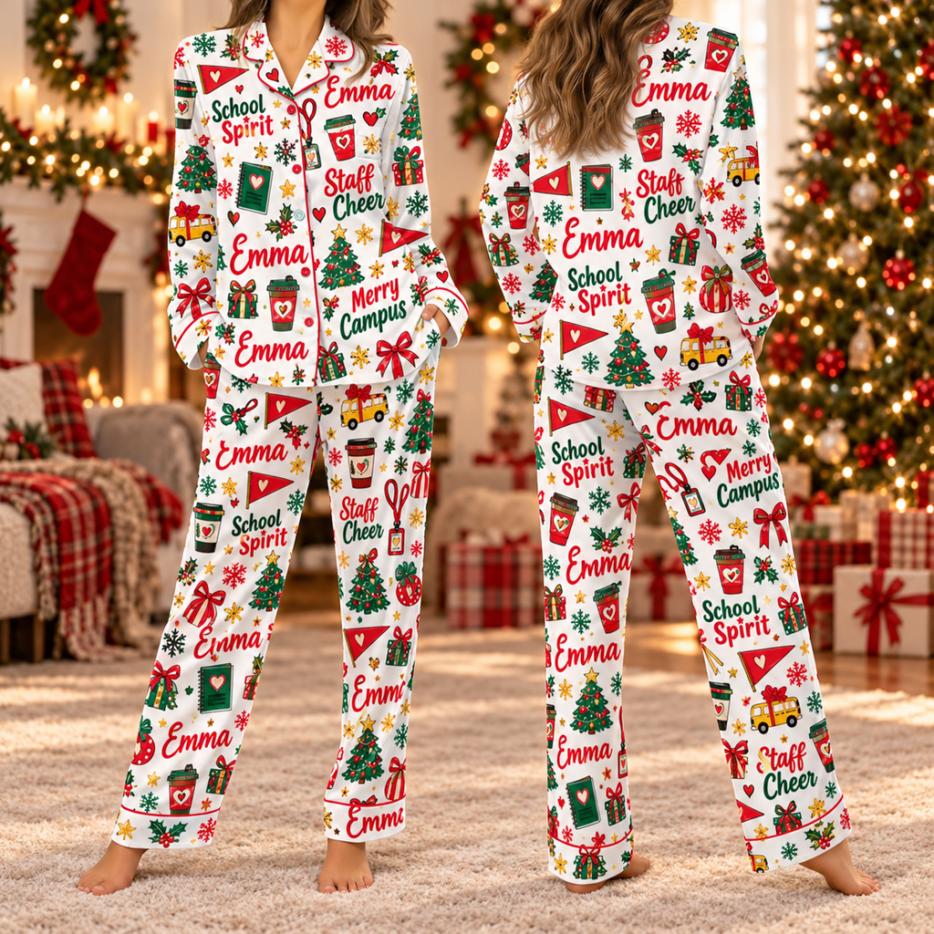 Personalized School Spirit Christmas Pajamas, Custom Campus Satin Lounge Set