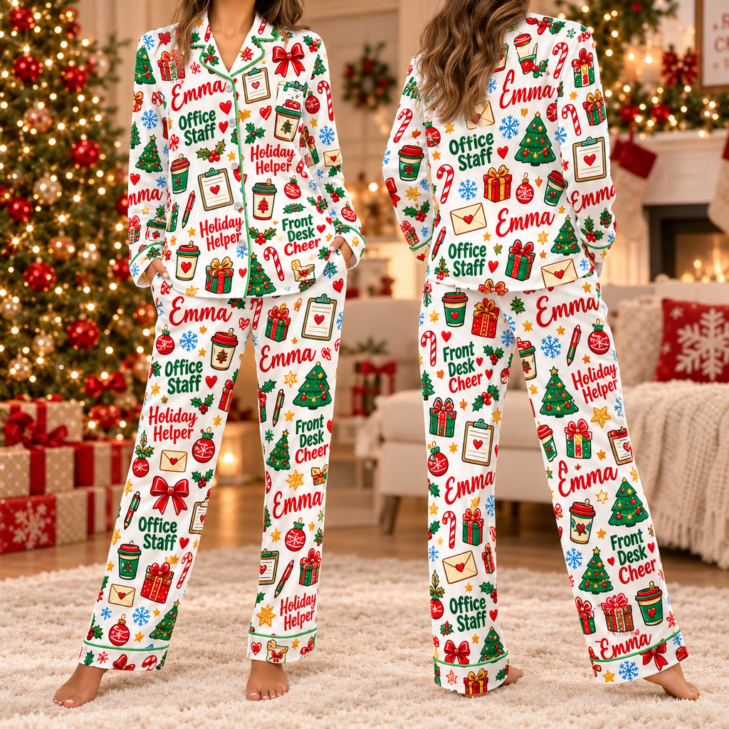 Personalized School Staff Christmas Pajamas, Custom Office Satin Lounge Set