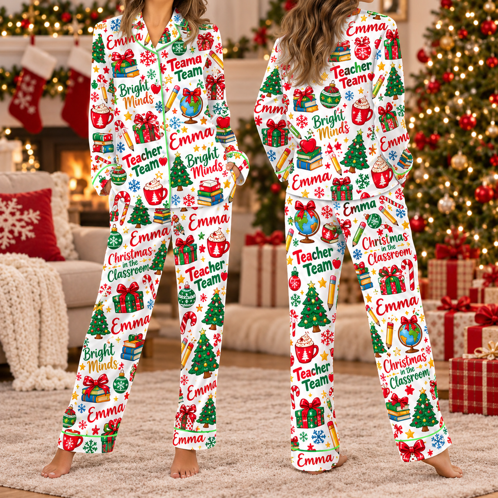 Personalized Bright Minds Teacher Christmas Pajamas, Satin Sleepwear for Educators