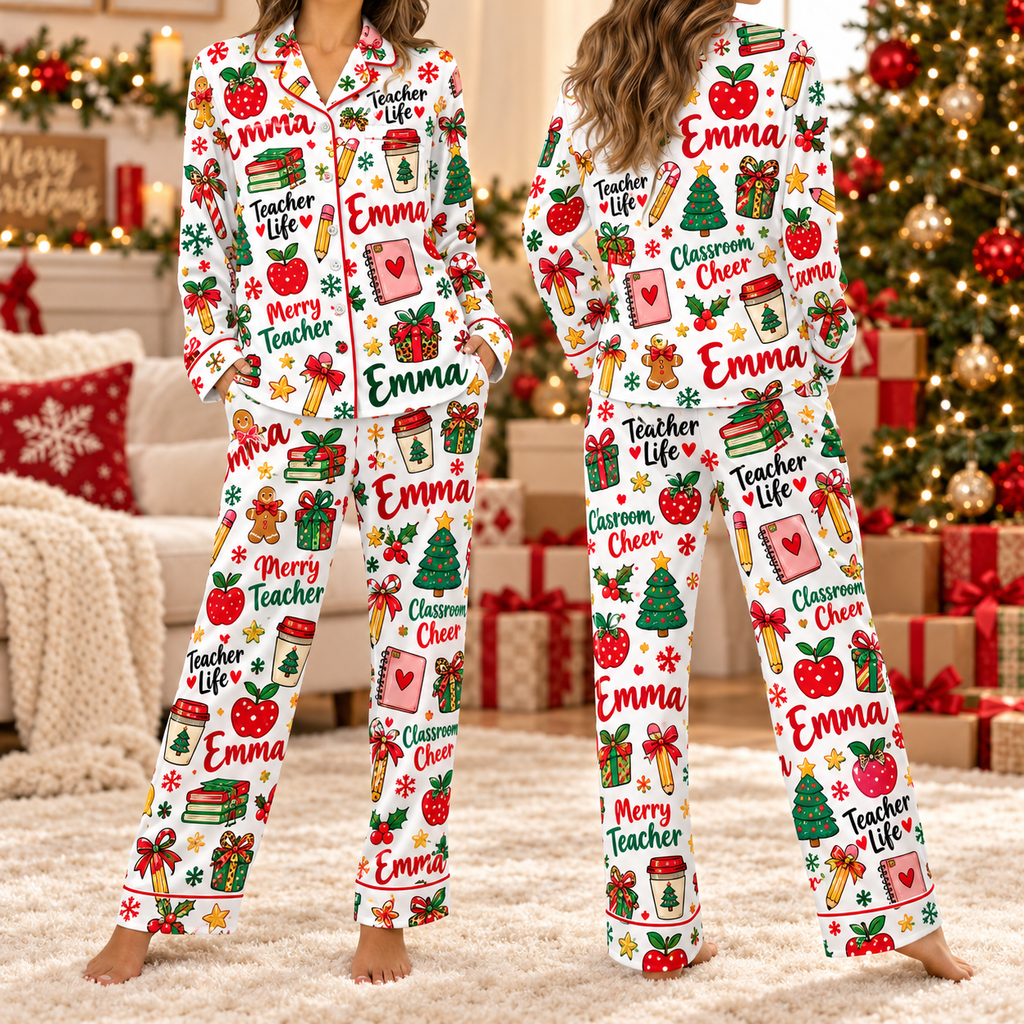 Personalized Teacher Christmas Pajamas, Custom School Spirit Pajamas Set