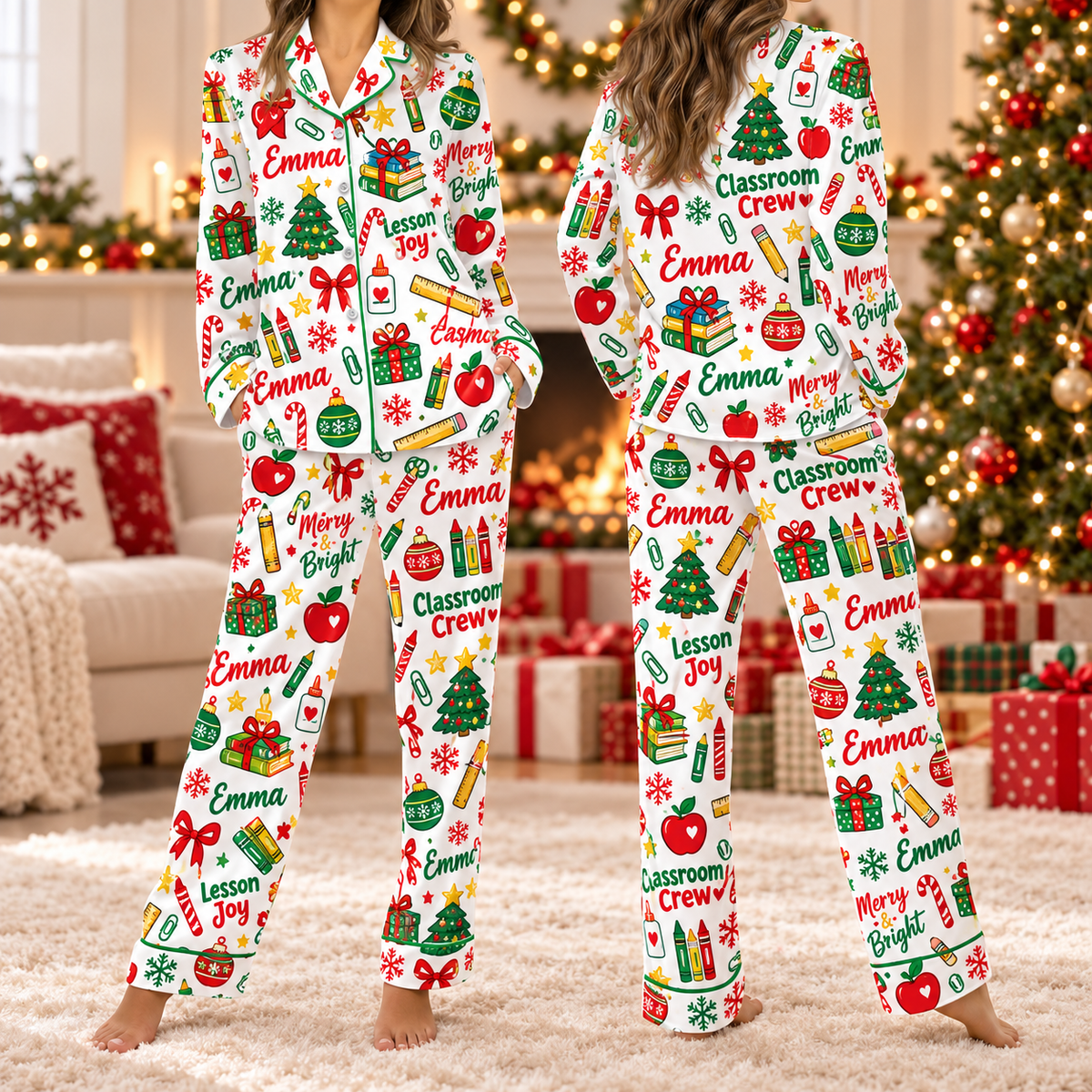 Personalized Lesson Joy Teacher Pajamas, Satin Sleepwear for Educators