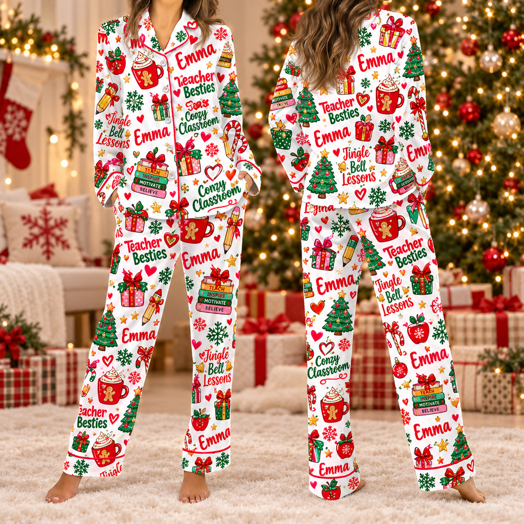 Personalized Teacher Besties Christmas Pajamas, Teacher Holiday Satin Sleepwear