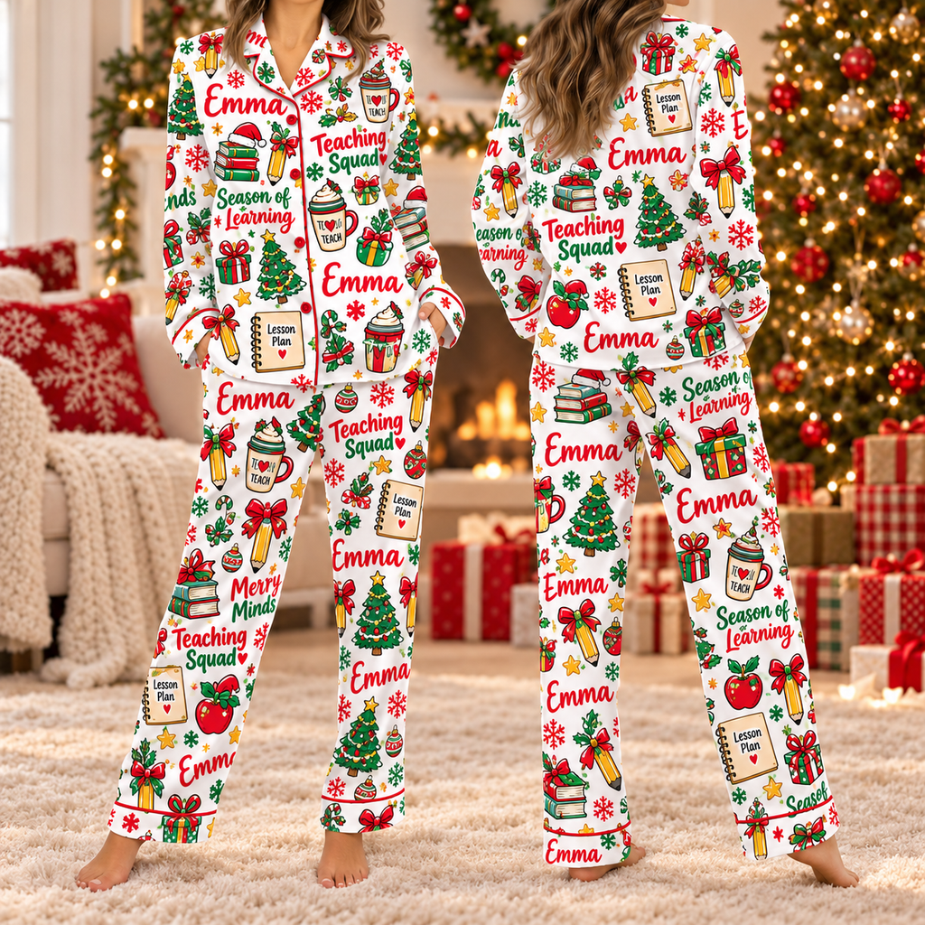 Custom Teaching Squad Christmas Pajama Set, Personalized Teacher Season of Learning Holiday PJs