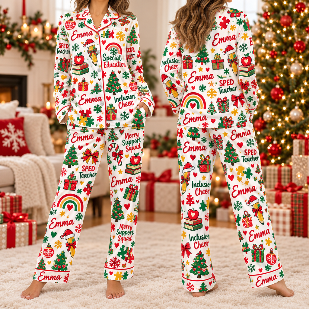 Personalized Special Education Teacher Christmas Pajamas, Custom Name SPED Holiday Sleepwear Set