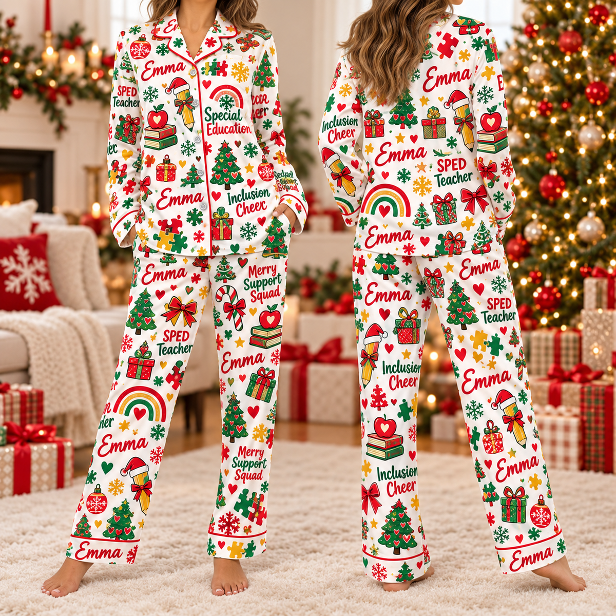 Personalized Special Education Teacher Christmas Pajamas, Custom Name SPED Holiday Sleepwear Set