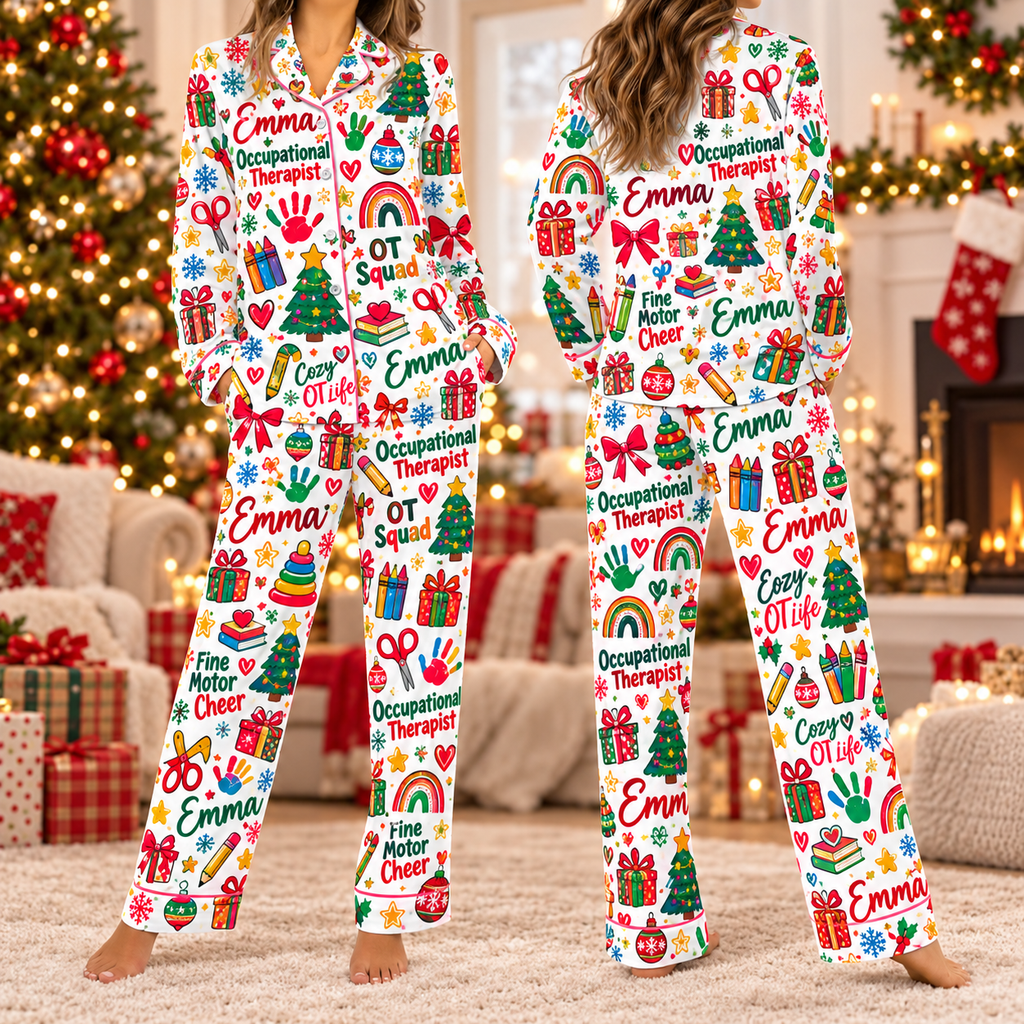 Personalized Occupational Therapist Christmas Pajamas, OT Squad Satin Sleepwear