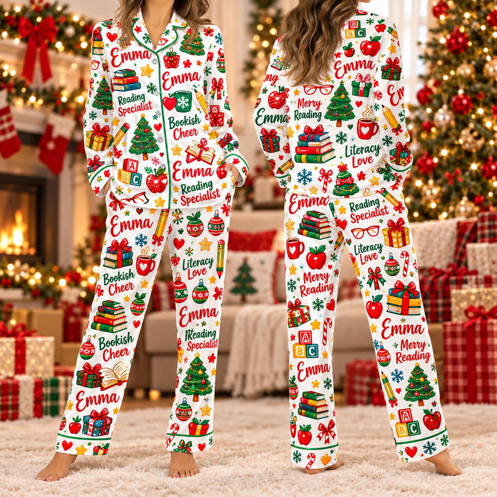 Personalized Reading Specialist Christmas Pajamas, Custom Name Bookish Cheer Holiday Sleepwear Set