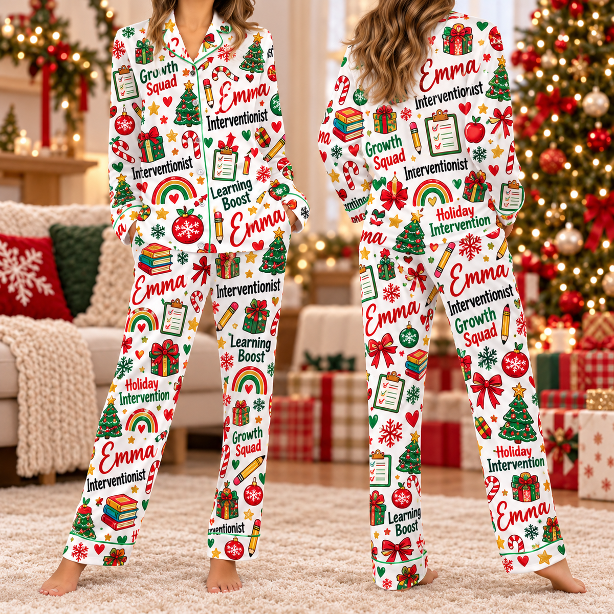 Personalized Interventionist Christmas Pajamas, Educator Holiday Sleepwear Set
