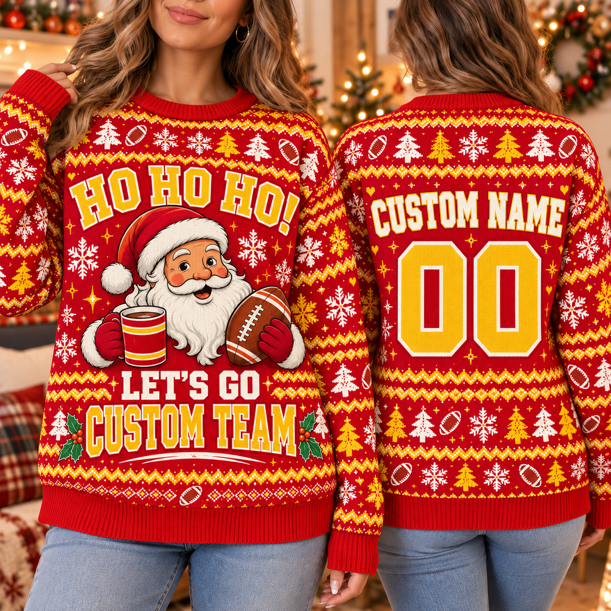 Personalized Santa Football Ugly Christmas Sweater, School Team Holiday Jumper