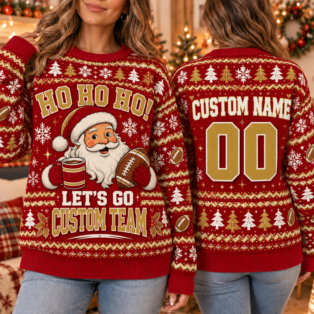 Custom Santa Football Ugly Christmas Sweater, Festive School Team Jumper
