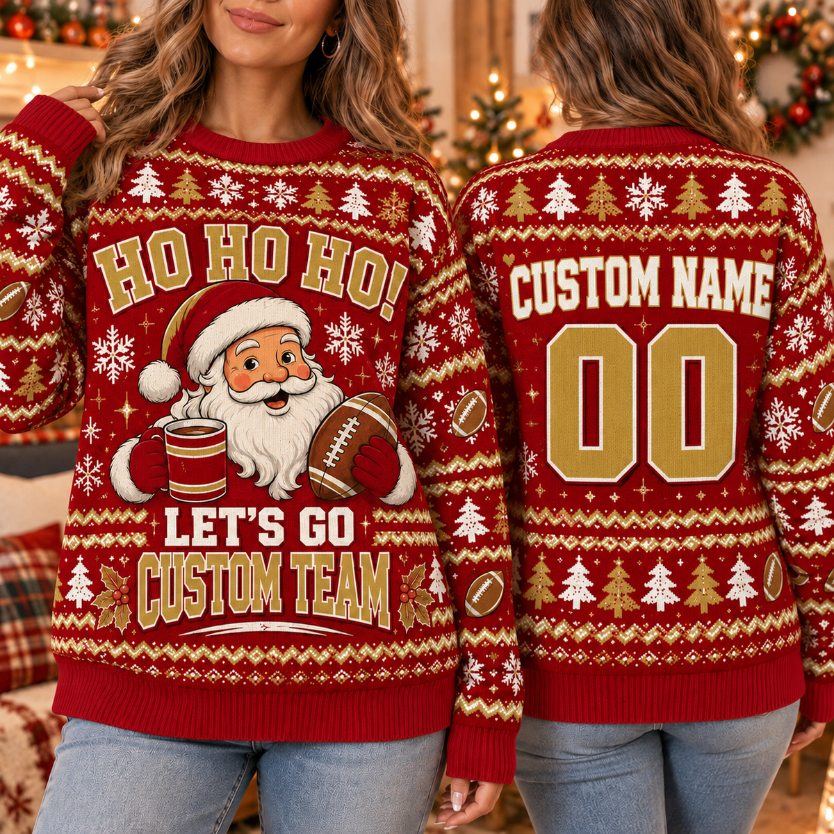 Custom Santa Football Ugly Christmas Sweater, Festive School Team Jumper