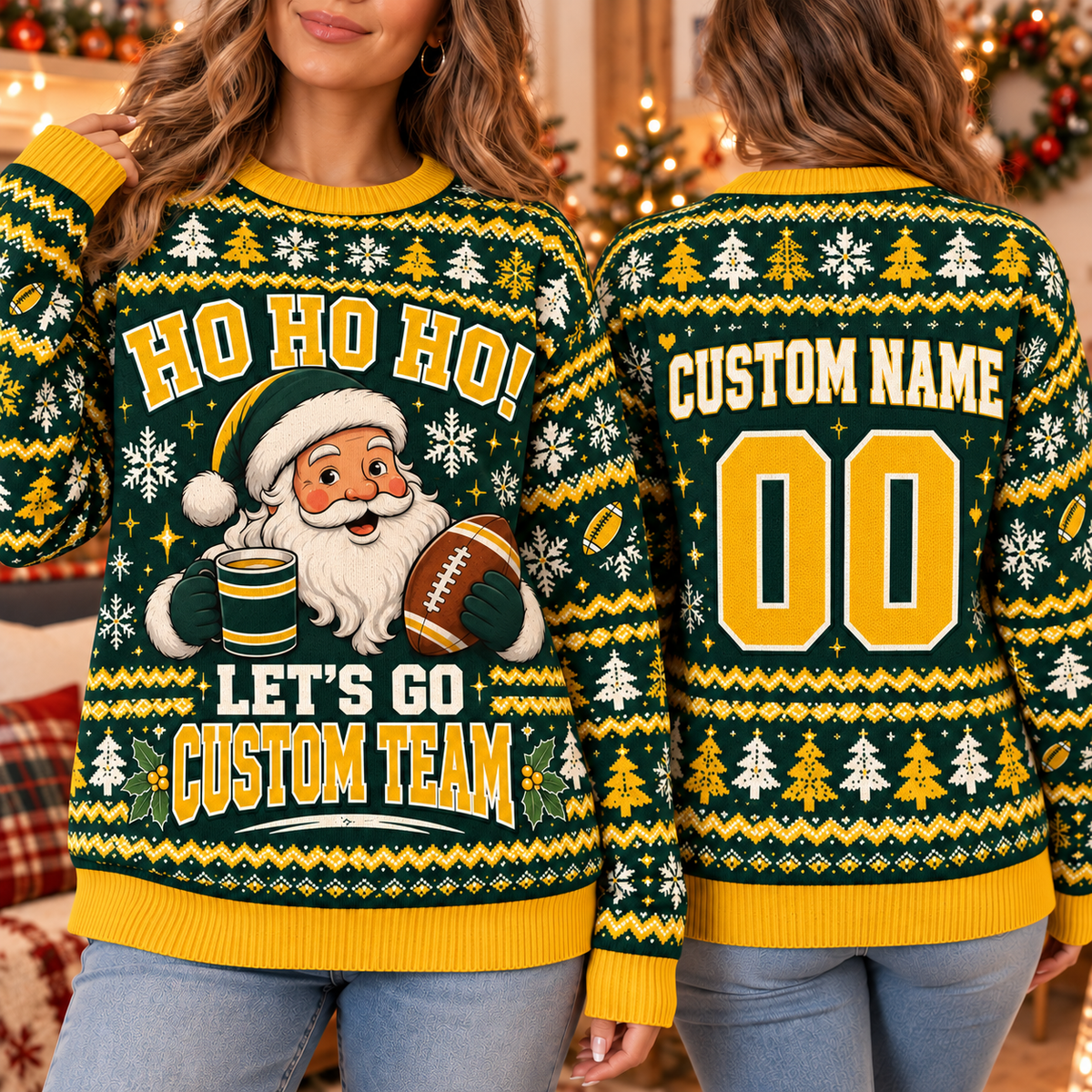 Personalized Football Ugly Christmas Sweater, Team Spirit Holiday Pullover
