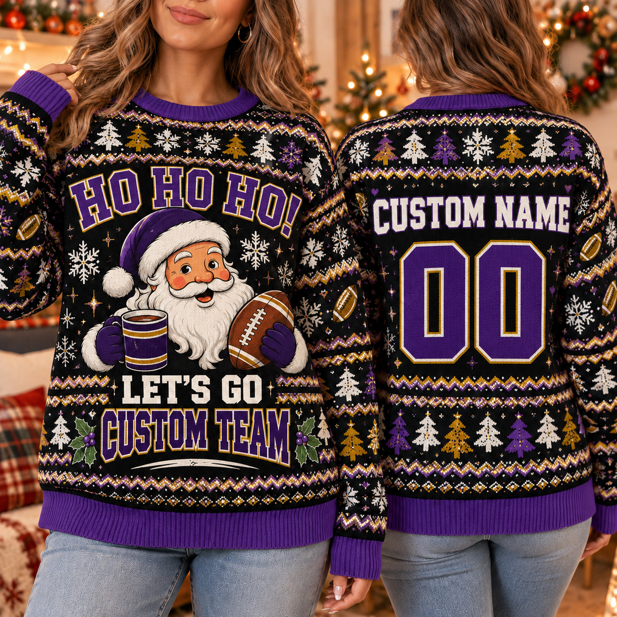 Personalized Santa Football Ugly Christmas Sweater, Holiday Tailgate Jumper