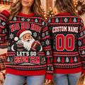 Personalized Santa Football Ugly Christmas Sweater, Matching Team Holiday Sweater