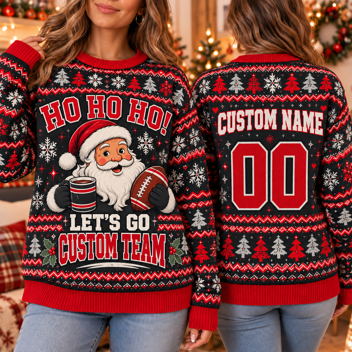 Personalized Santa Football Ugly Christmas Sweater, Matching Team Holiday Sweater