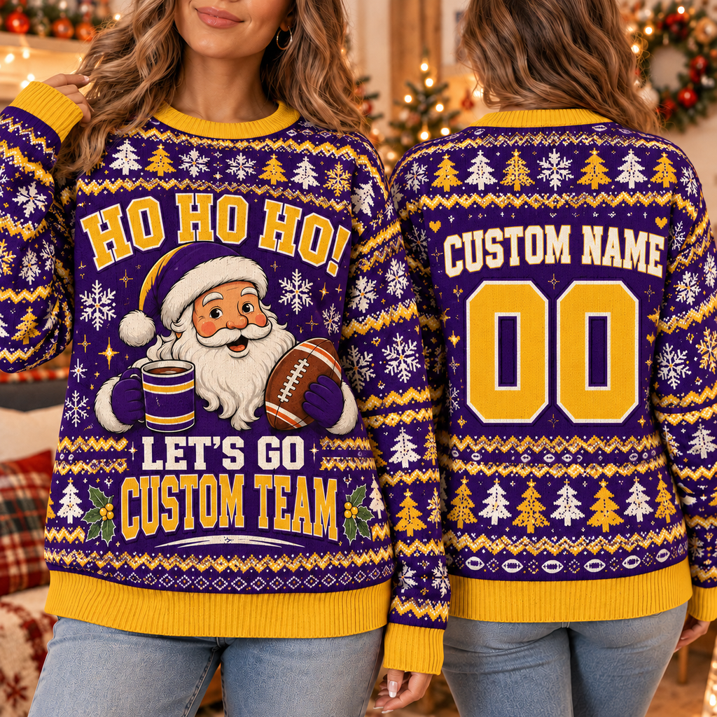 Custom Football Santa Ugly Christmas Sweater, School Spirit Winter Pullover