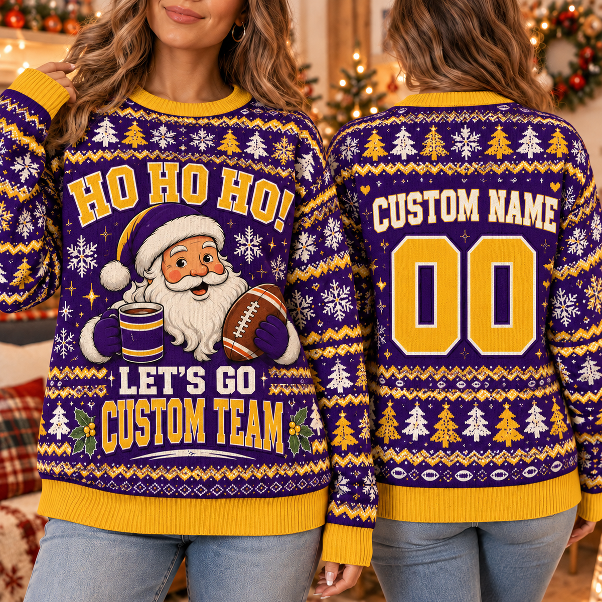 Custom Football Santa Ugly Christmas Sweater, School Spirit Winter Pullover
