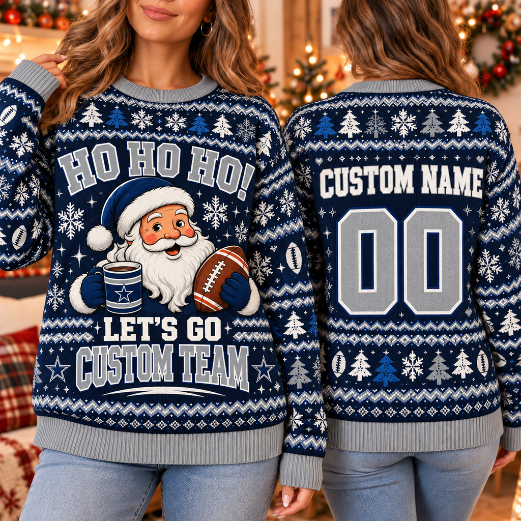 Custom Santa Football Ugly Christmas Sweater, Holiday Fan Gift Sweater