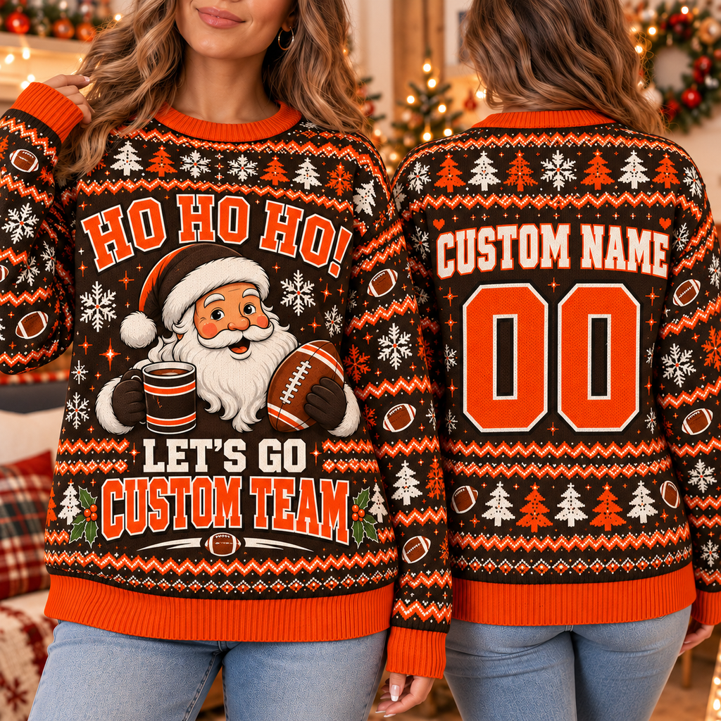 Custom Santa Football Ugly Christmas Sweater, Family Team Holiday Crewneck