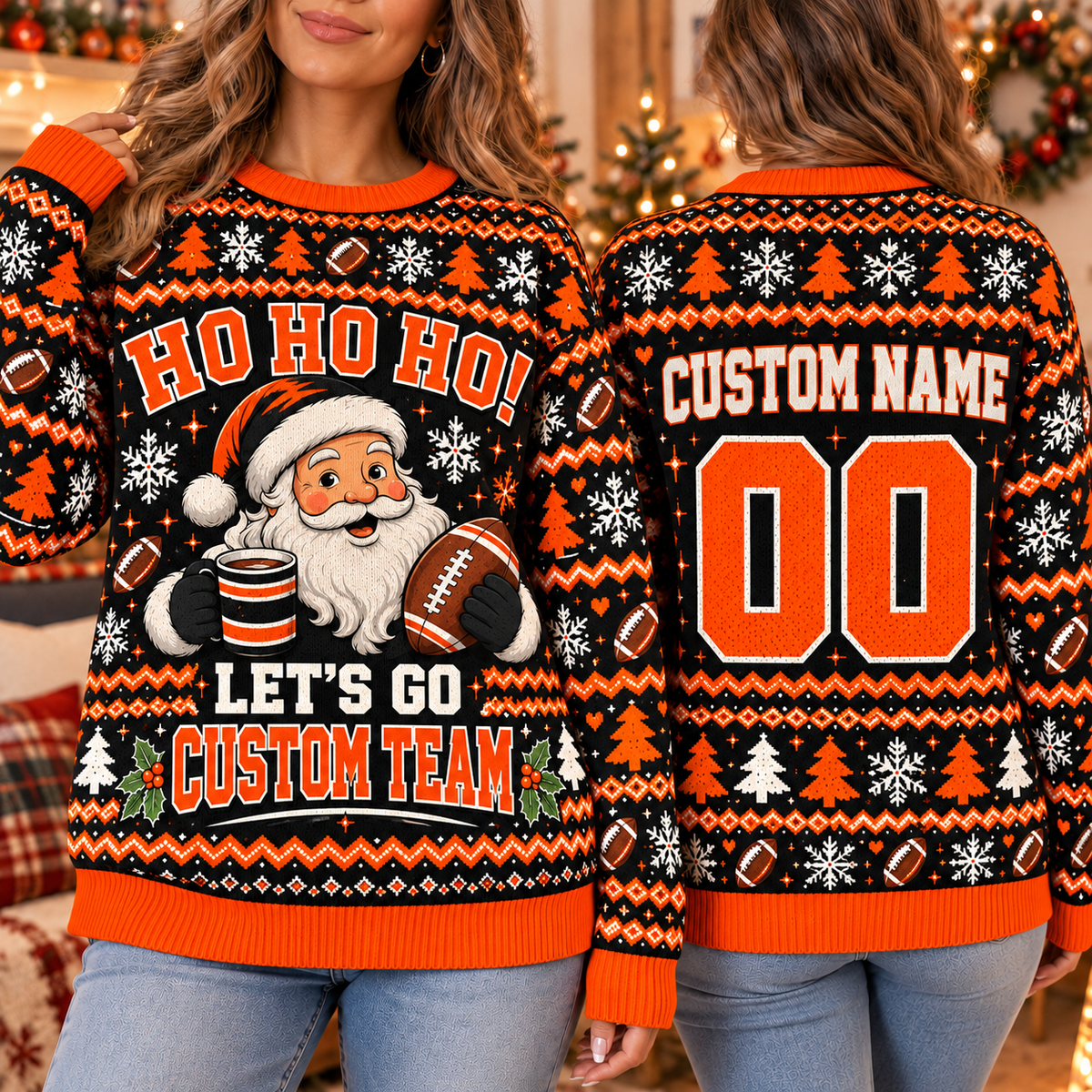 Personalized Football Ugly Christmas Sweater, Santa Spirit Crewneck