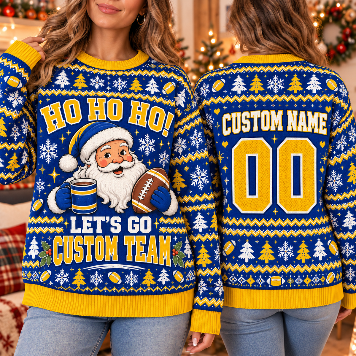 Personalized Football Santa Ugly Christmas Sweater, School Spirit Holiday Jumper