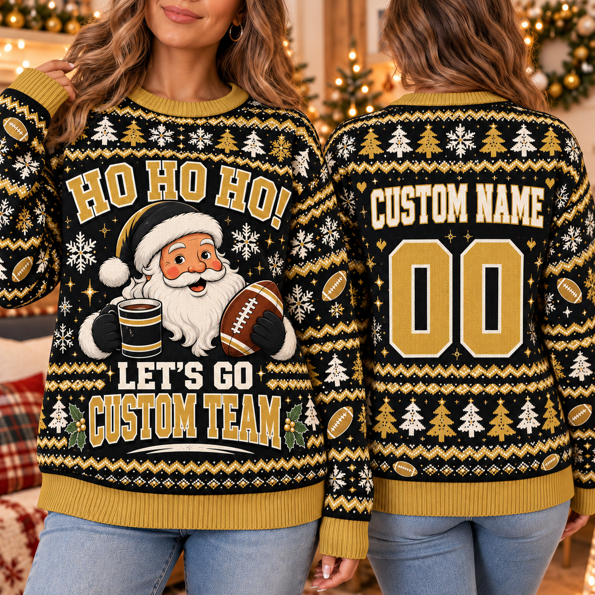 Personalized Football Ugly Christmas Sweater, Santa Team Spirit Jumper