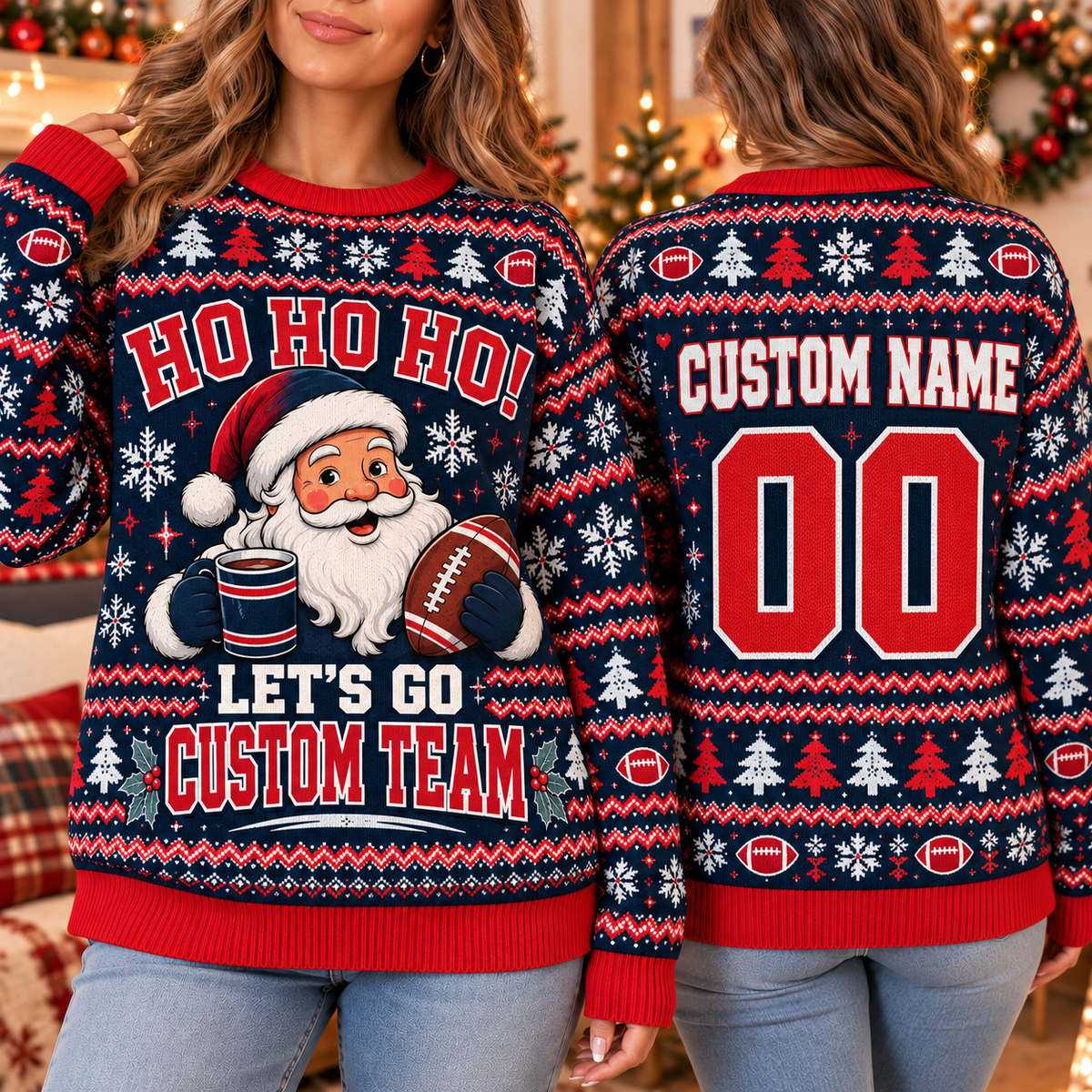 Custom Santa Football Ugly Christmas Sweater, Winter Team Spirit Jumper