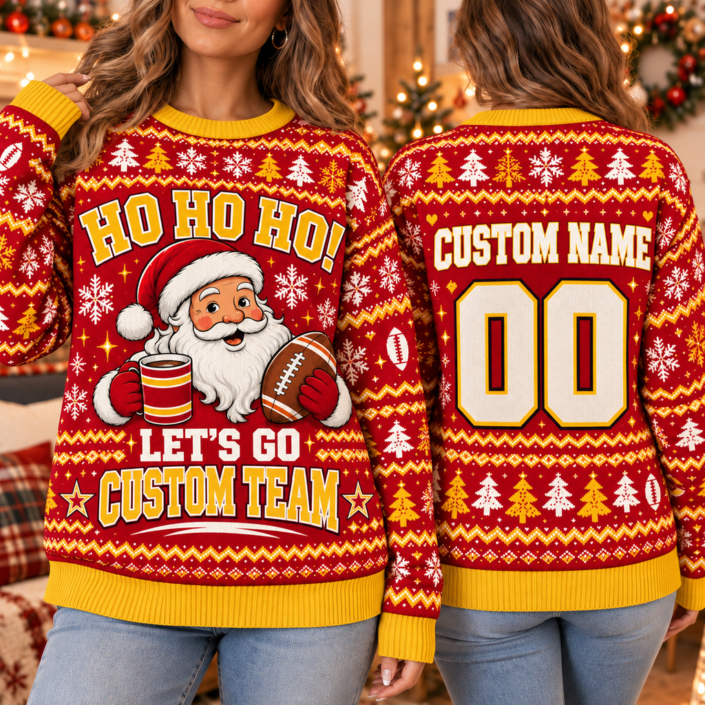 Personalized Football Ugly Christmas Sweater, Santa Fan Party Pullover