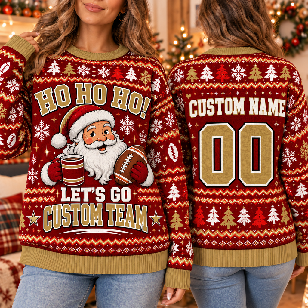 Personalized Santa Football Ugly Christmas Sweater, School Fan Party Pullover
