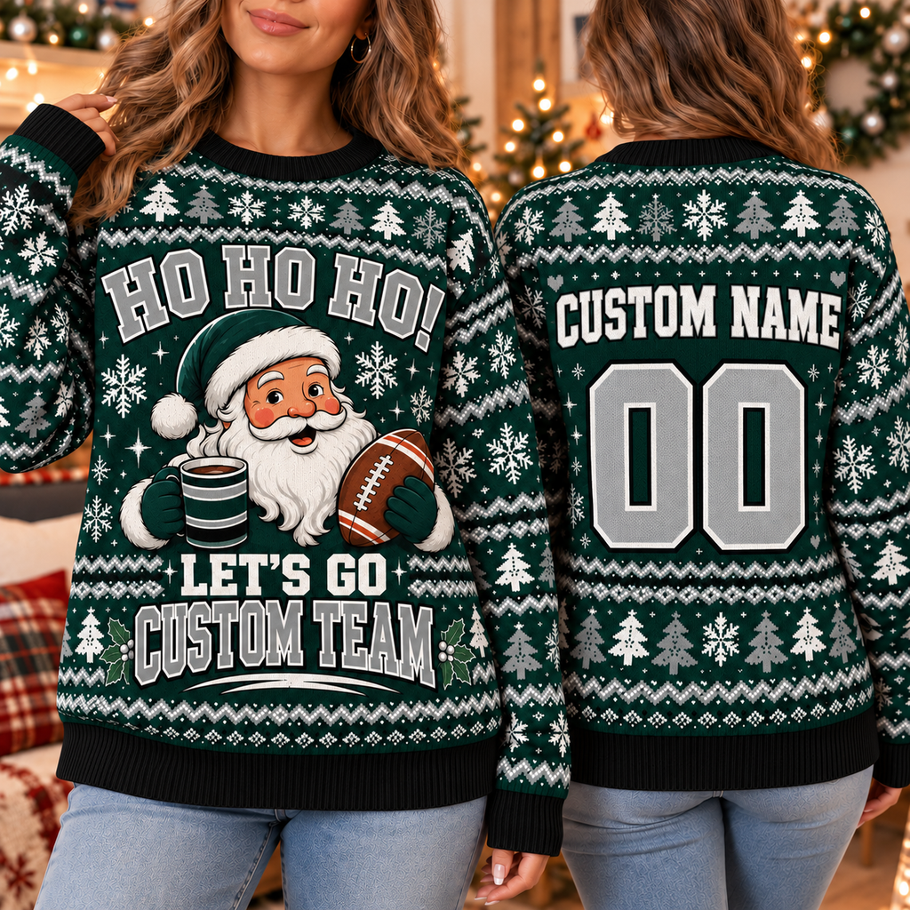 Personalized Santa Football Ugly Christmas Sweater, Team Pep Rally Crewneck