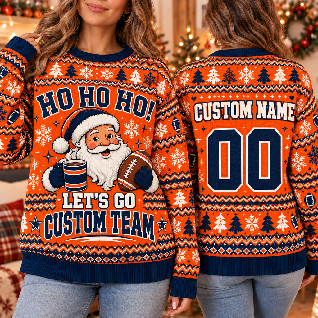 Personalized Santa Football Ugly Christmas Sweater, Holiday Crewneck for Players