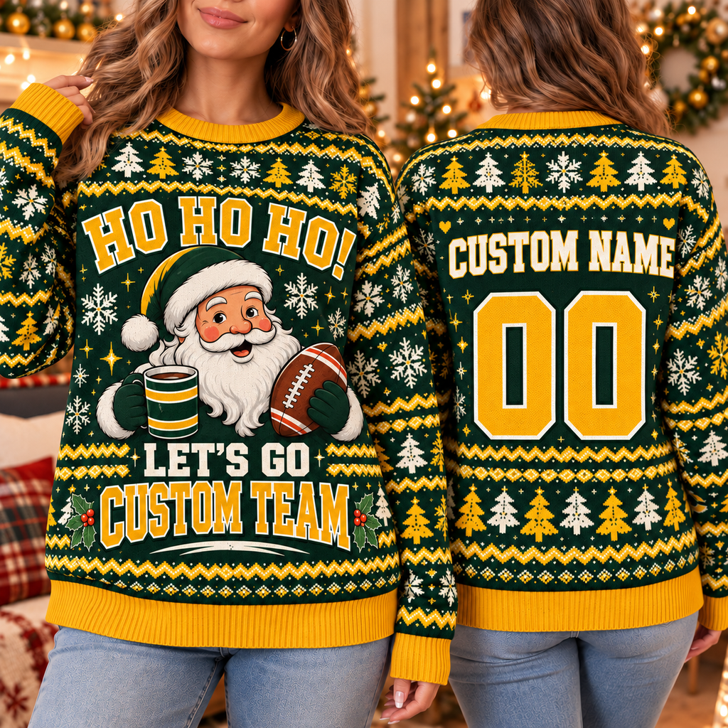 Personalized Santa Football Ugly Christmas Sweater, School Pep Rally Crewneck