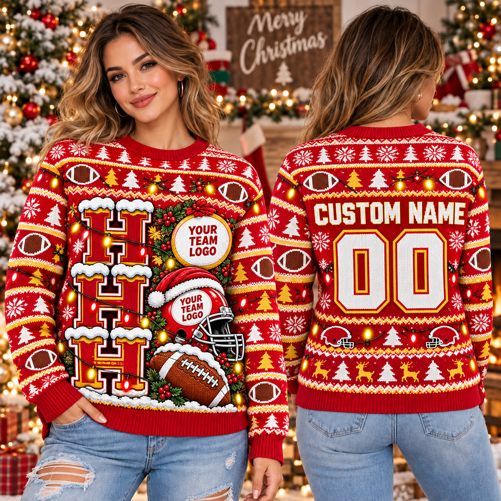 Custom Football Ugly Christmas Sweater, School Fan Holiday Pullover