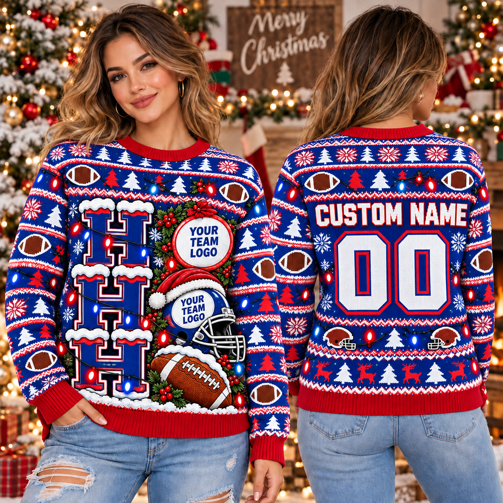 Personalized Football Ugly Christmas Sweater, Team Holiday Party Crewneck