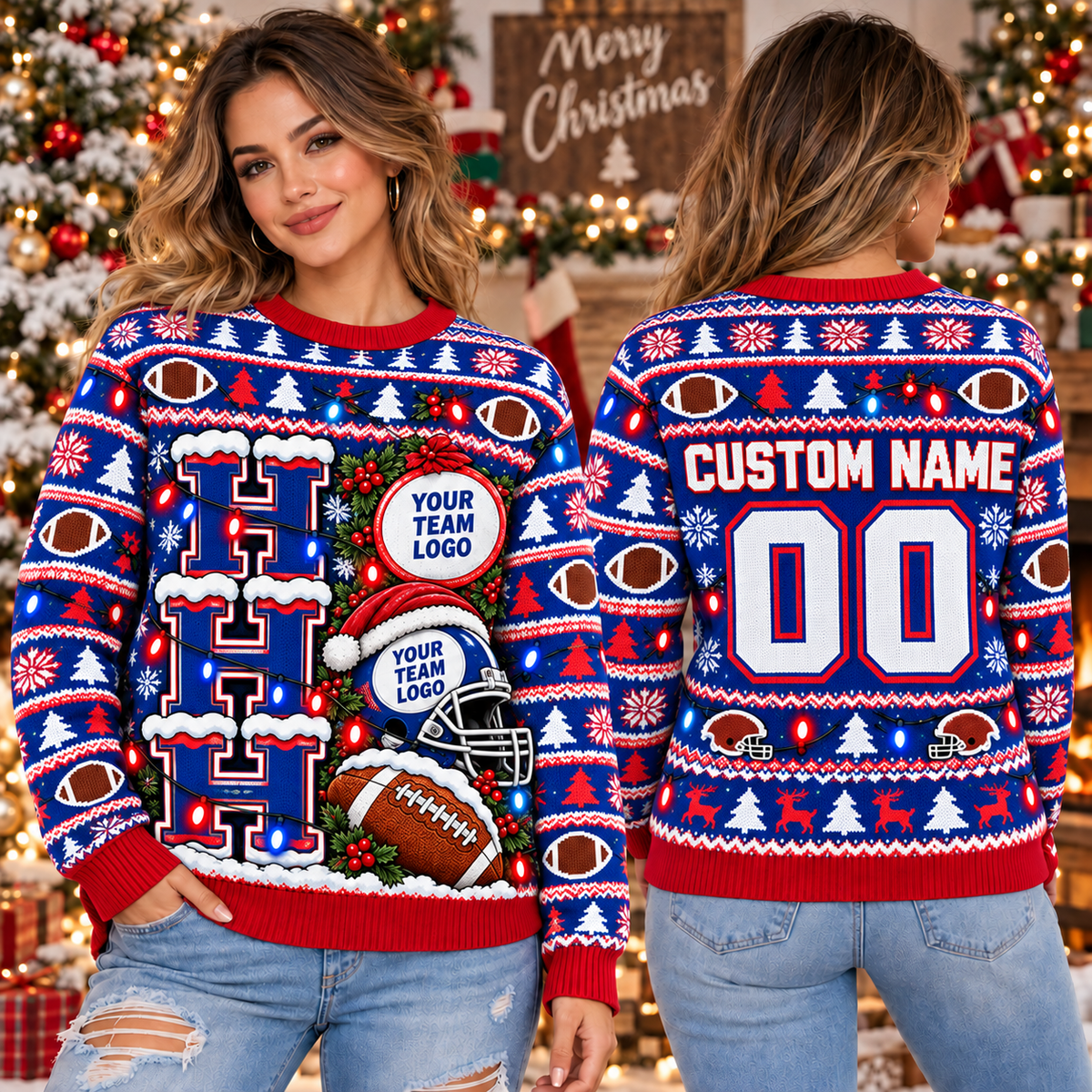 Personalized Football Ugly Christmas Sweater, Team Holiday Party Crewneck