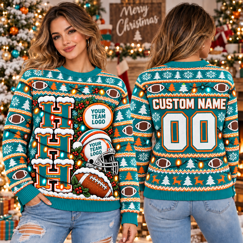 Personalized Football Ugly Christmas Sweater, School Spirit Crewneck