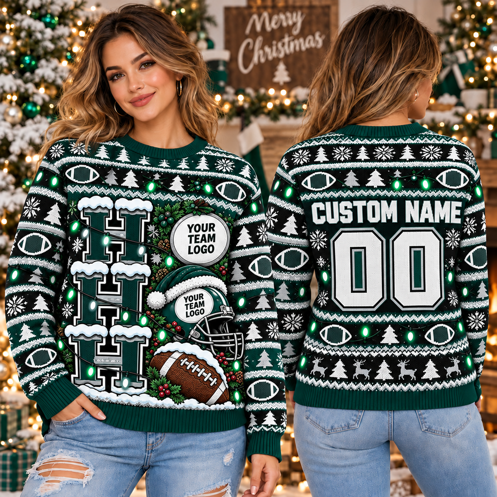 Custom Football Ugly Christmas Sweater, Team Holiday Gift Crewneck