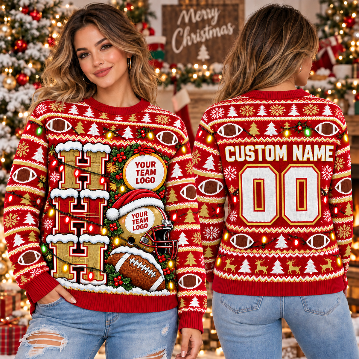 Custom Mascot Football Ugly Christmas Sweater, Family Game Day Crewneck