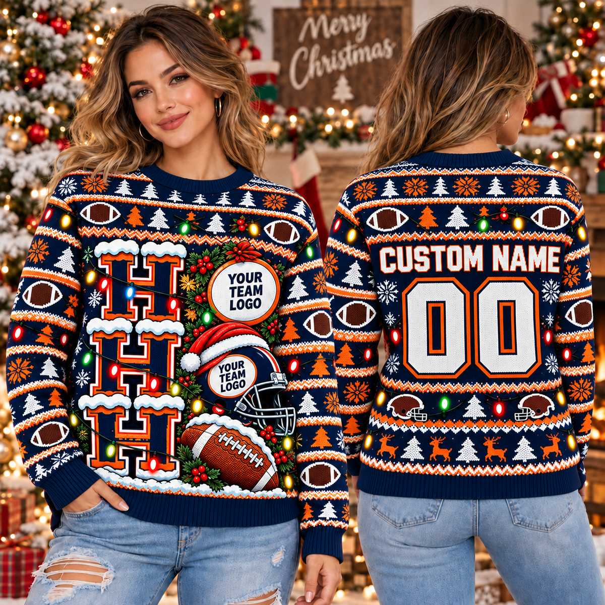 Personalized Football Ugly Christmas Sweater, School Holiday Spirit Crewneck