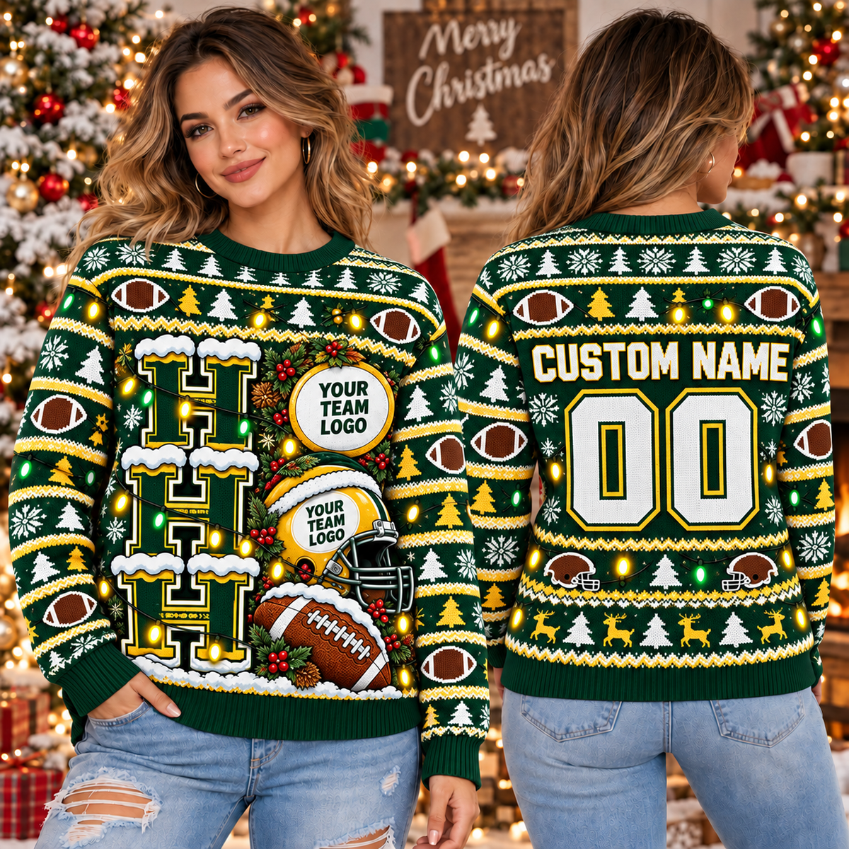 Custom School Football Ugly Christmas Sweater, Mascot Fan Gift Crewneck
