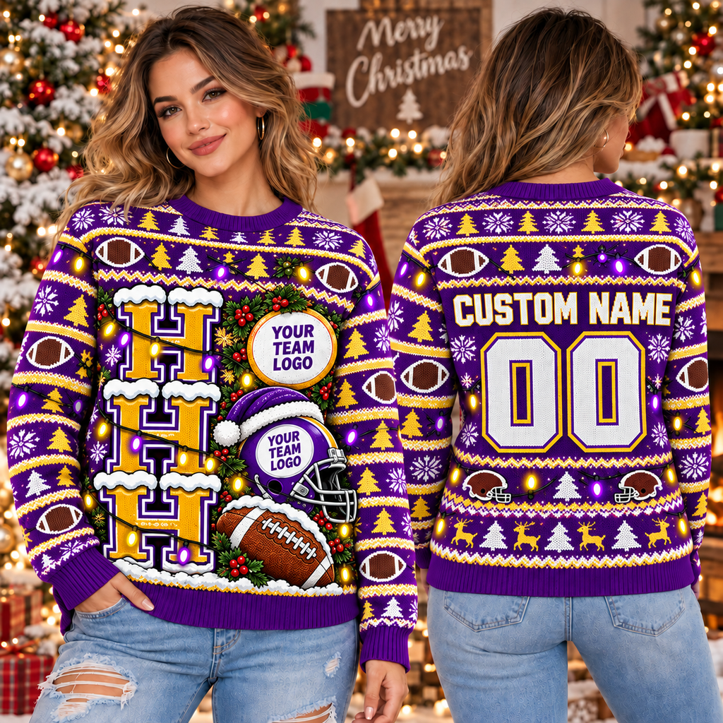 Custom Football Ugly Christmas Sweater, School Team Holiday Crewneck