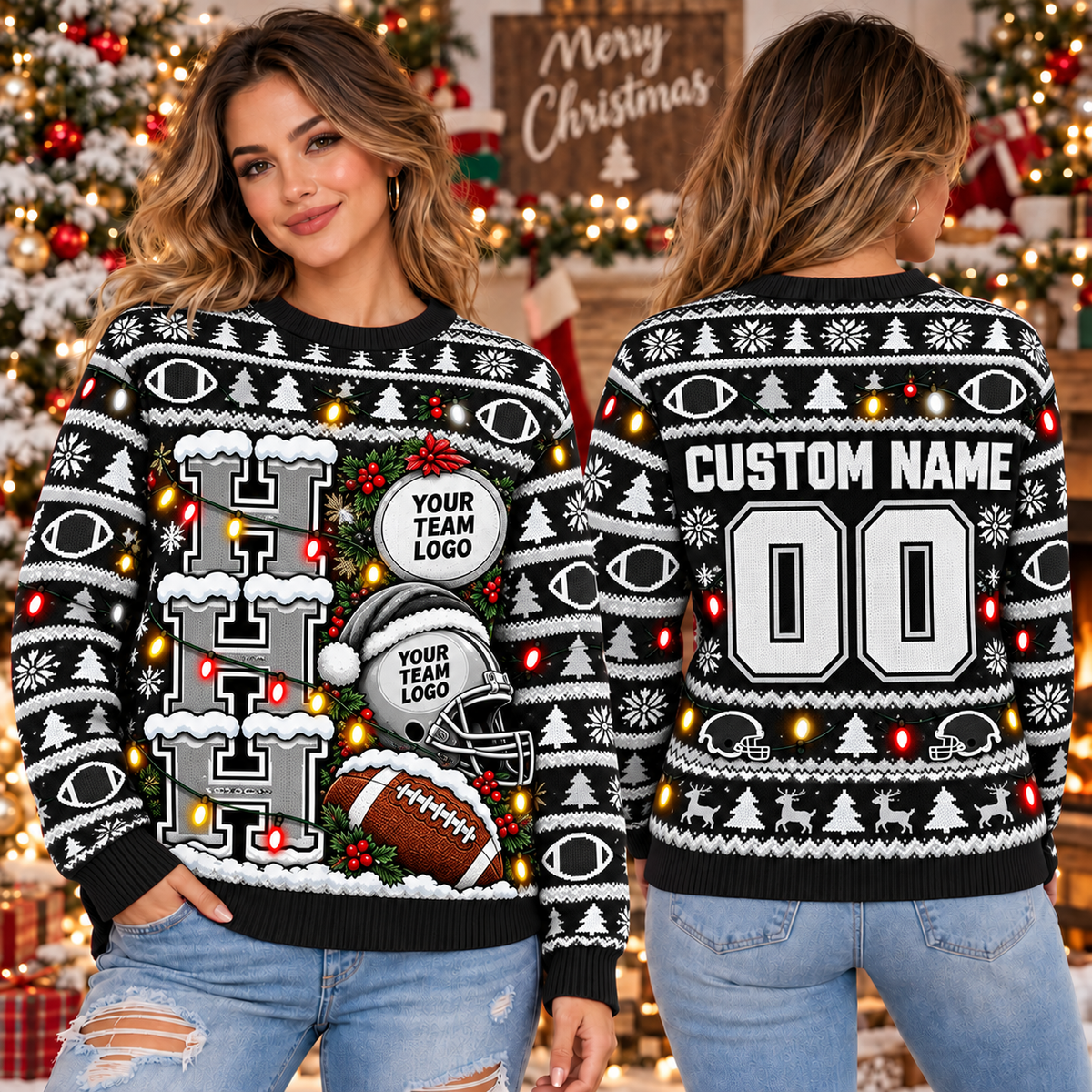 Custom Football Ugly Christmas Sweater, Holiday Jumper for School Fans