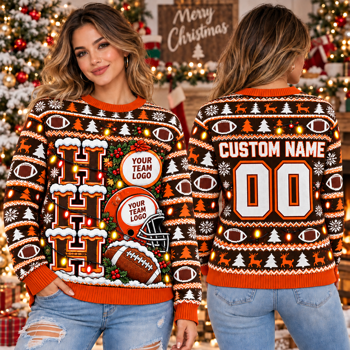 Personalized Football Ugly Christmas Sweater, School Spirit Holiday Pullover