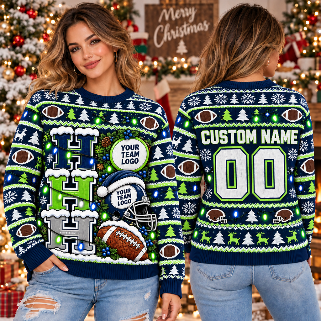 Custom Football Initial Ugly Christmas Sweater, Christmas Light Crewneck for Teams