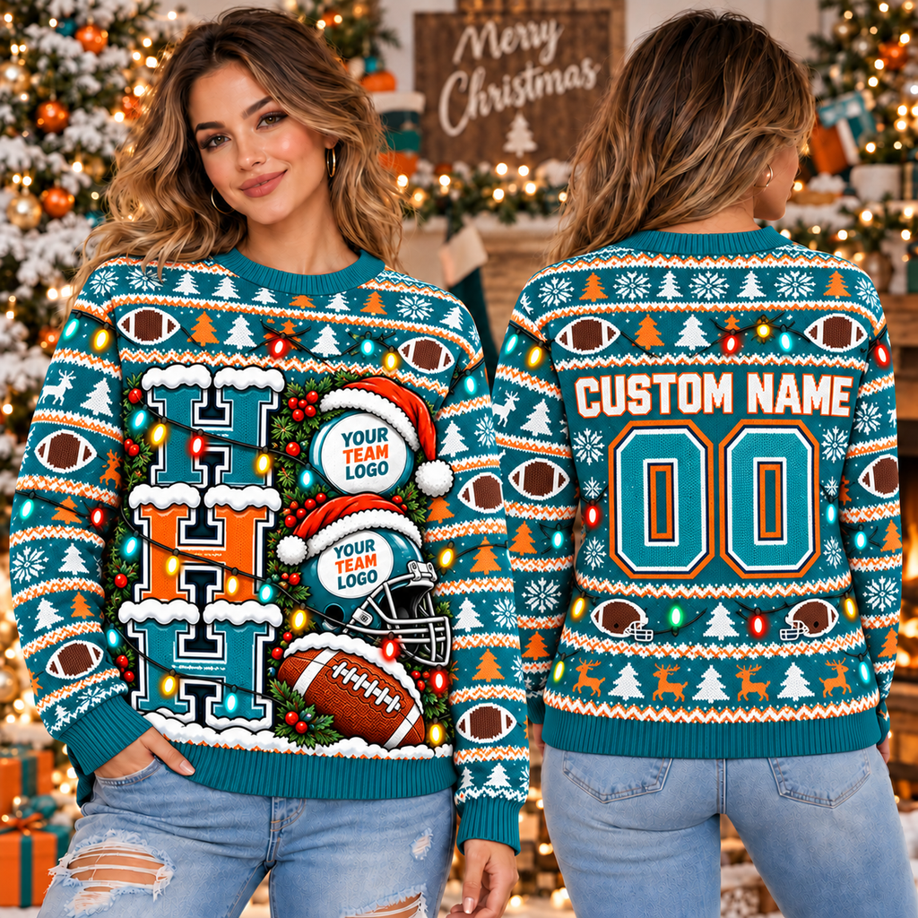 Personalized Santa Football Ugly Christmas Sweater, Family Holiday Crewneck