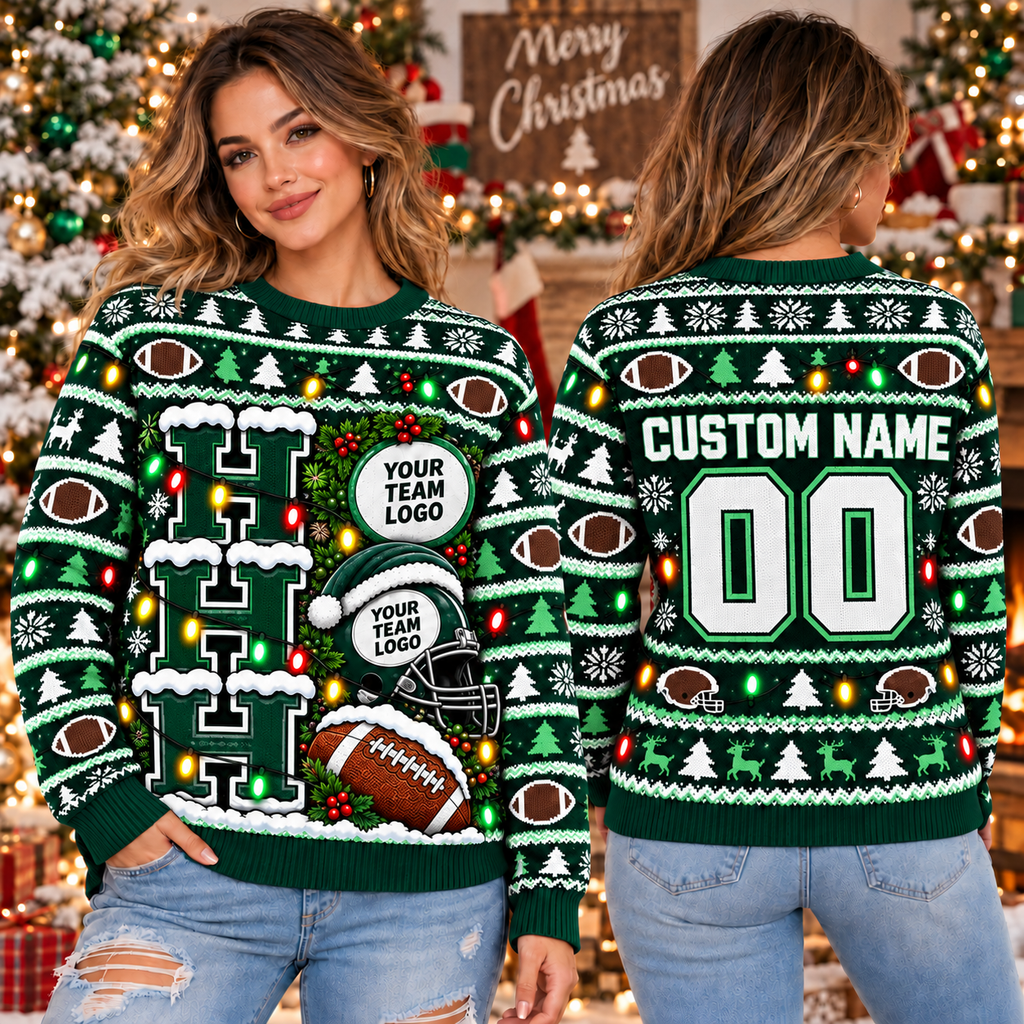 Personalized Football Ugly Christmas Sweater, Holiday Pullover for Teams